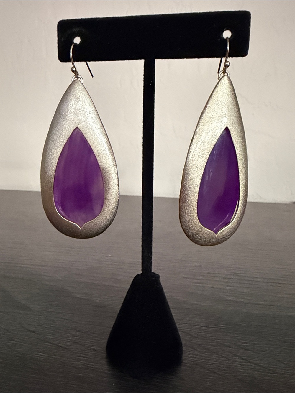 Light Gold Teardrop Earrings with Purple Inlay - Women Jewelry